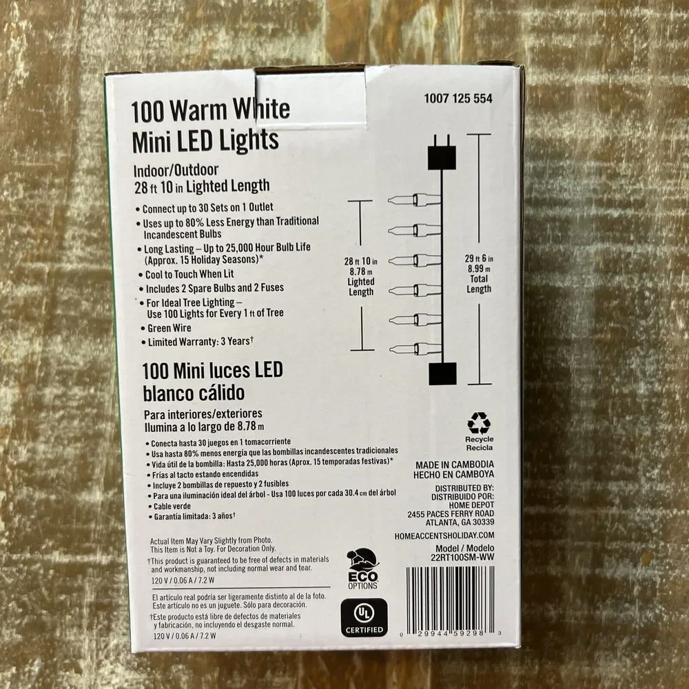 Home Accents Holiday 100ct‎ Warm White LED Mini String Lights w/Green Wire NEW